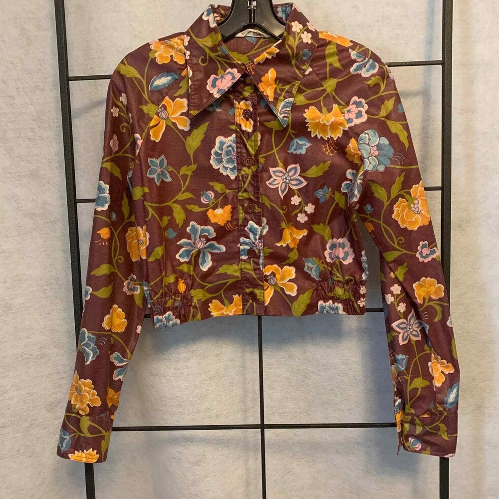 Vintage 70's Ellen Tracy Floral Blouse Women 12 Plum Cropped Button Front